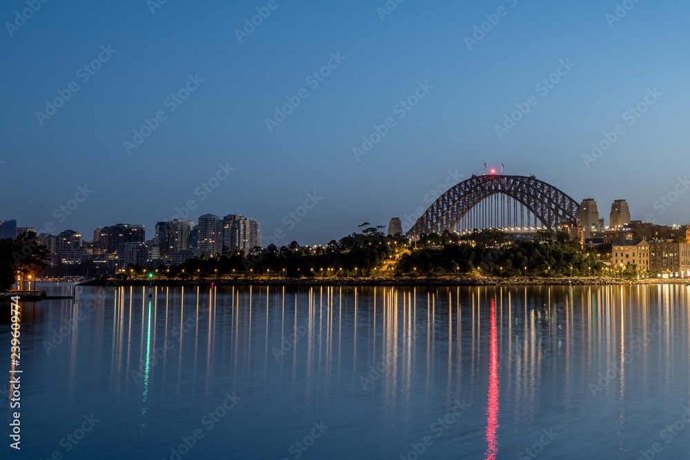 Barangaroo Reserve and Sydney Harbour Bridge at dawn