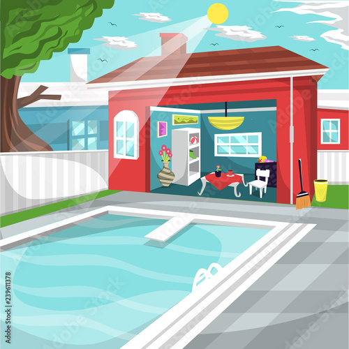 Clean Swimming Pool at Home Backyard with cozy rest area, white table and chair, flower canvas decoration, big tree for Cartoon Vector illustration ideas