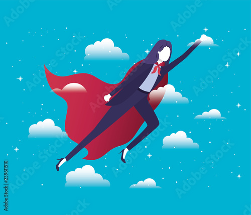 businesswoman with hero coat flying in the sky