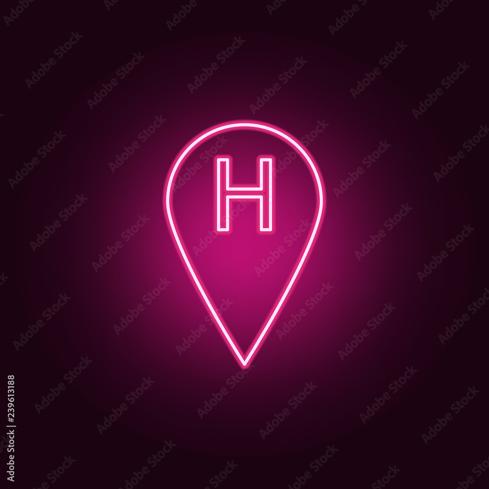 Obraz premium hotel pin icon. Elements of hotel in neon style icons. Simple icon for websites, web design, mobile app, info graphics
