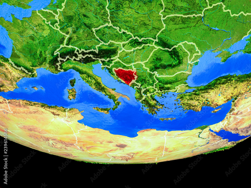 Bosnia and Herzegovina from space on model of planet Earth with country borders.