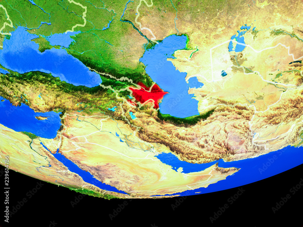 Azerbaijan from space on model of planet Earth with country borders.