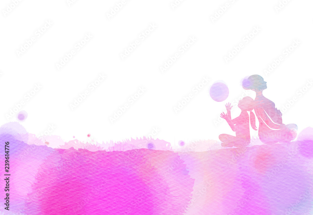 Happy mom and child exercise silhouette on watercolor background. Mother and kid doing yoga. Mother's day. Health care concept. Digital art painting Happy mom and child exercise silhouette on watercolor background. Mother and kid doing yoga. Mother's day. Health care concept. Digital art painting