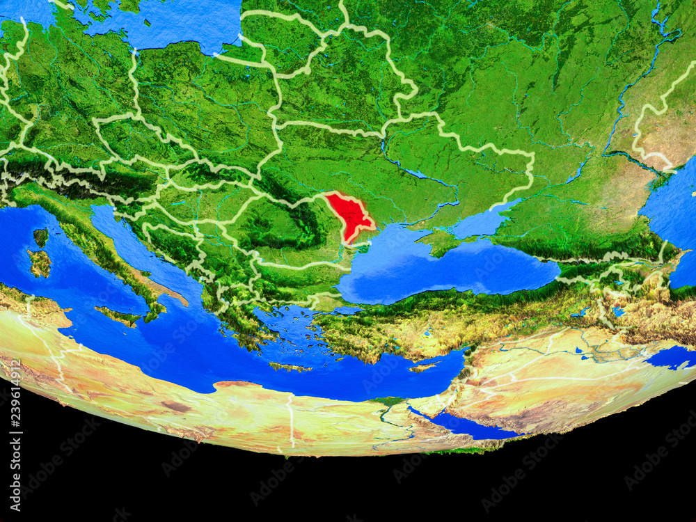 Moldova from space on model of planet Earth with country borders.