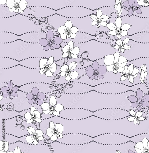 White Orchid branch on a pink background. Seamless vector pattern.