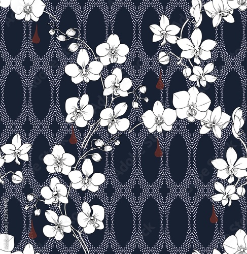 White Orchid branches on blue background. Seamless vector pattern.