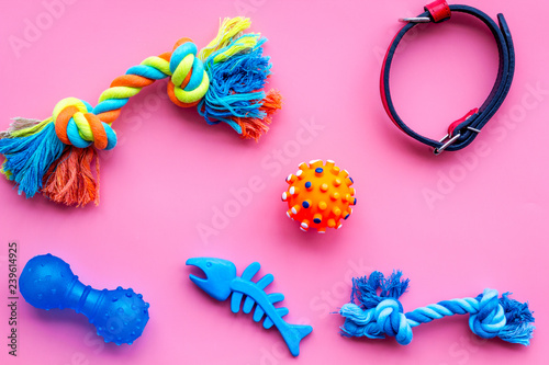 care about pet with toys and grooming equipment pink background top view