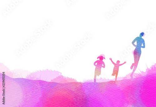 Mom with kids running silhouette plus abstract watercolor painted. Mother and children exercise. Health care concept. Digital art painting