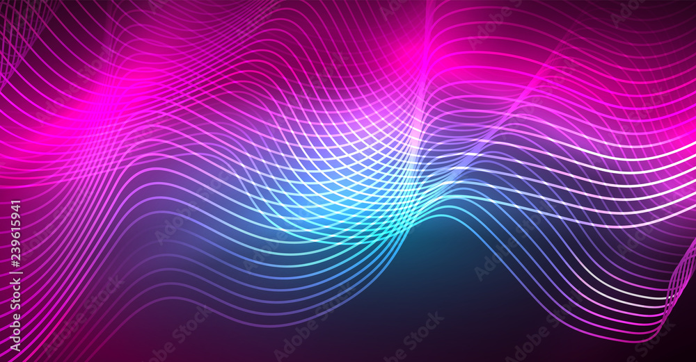 Abstract shiny glowinng color wave design element on dark background - science or technology concept Abstract shiny glowinng color wave design element on dark background - science or technology concept