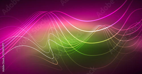 Abstract shiny glowinng color wave design element on dark background - science or technology concept