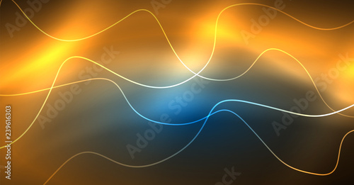 Glowing abstract wave on dark, shiny motion, Christmas and New Year magic space light. Techno abstract background