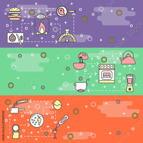 Vector thin line art cooking web banner template set