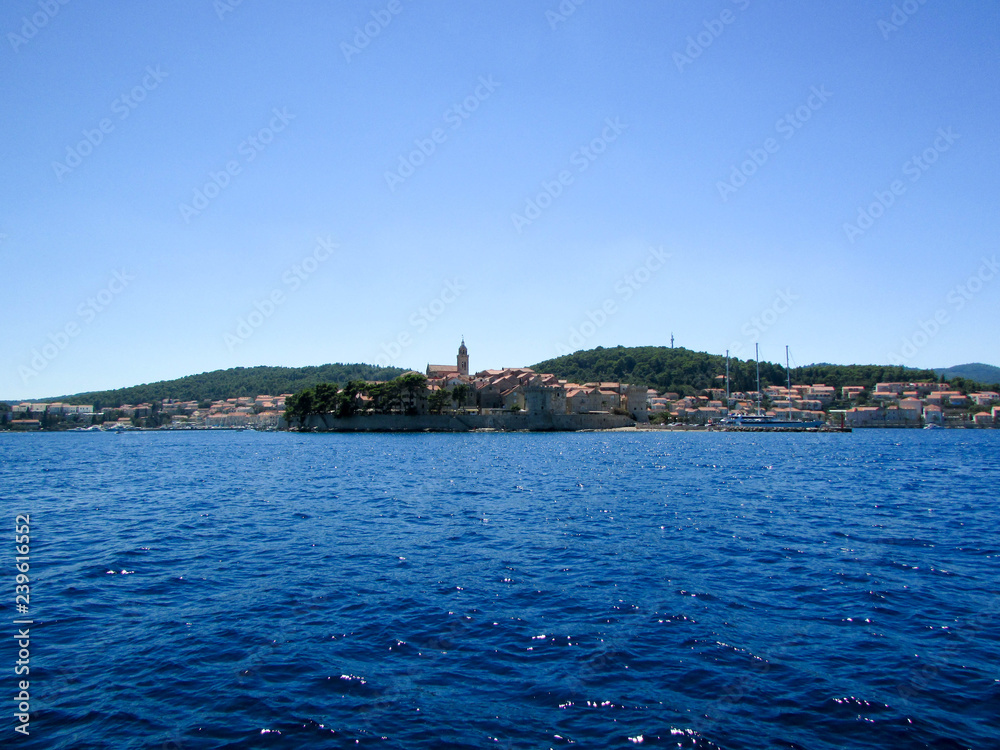 Panoramic view of Croatian island Korcula in the Adriatic Sea and Korcula medieval old town, homeland of Marco Polo