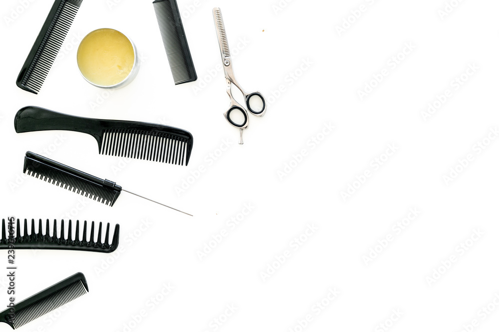 Set of professional hairdresser tools with combs white background top view mock up Set of professional hairdresser tools with combs white background top view mock up
