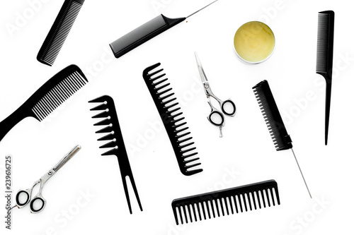 combs for hairdresser hairdresser on white background top view