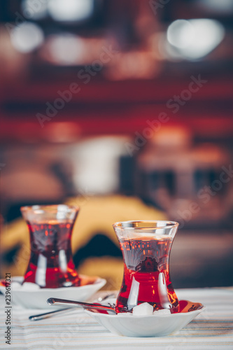 Turkish tea in the restaurant. Turkish cuisine and travel  concept