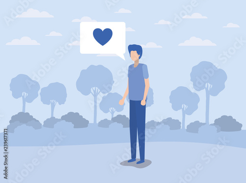 young man with heart in speech bubble on the camp
