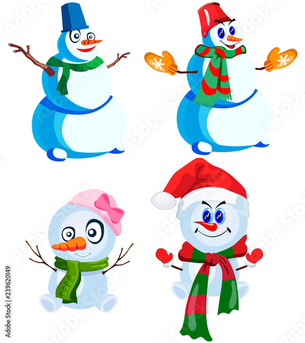 Set of four snowmen in various headdresses and in different scarves
