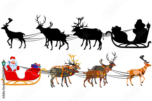 Santa Claus on a sleigh with reindeer, with a handful of gifts. Silhouette of santa claus.