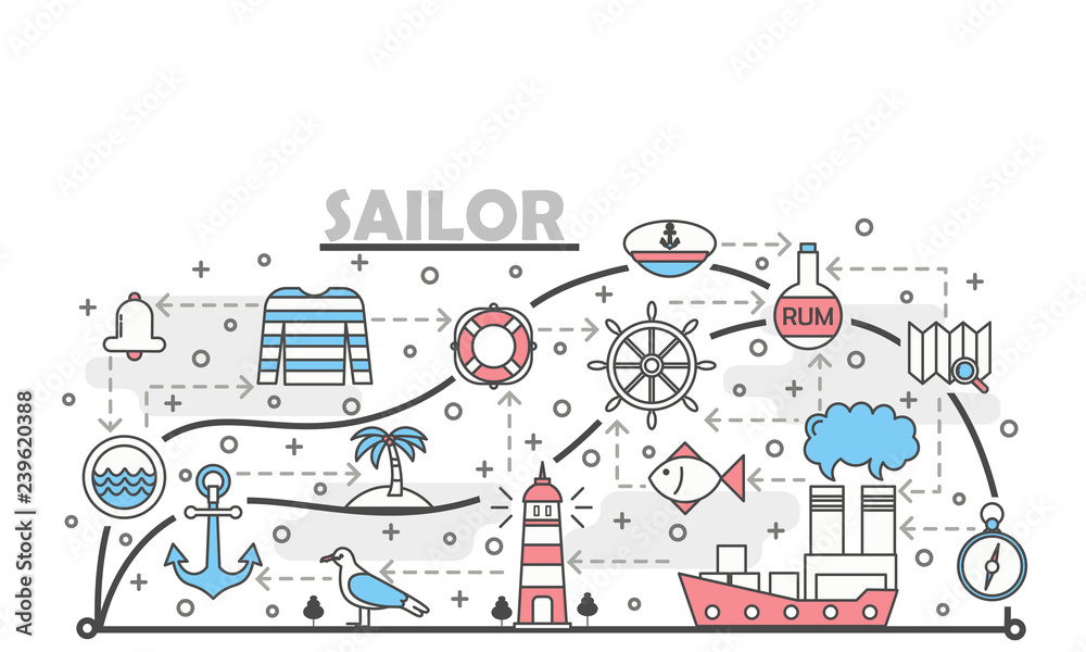 Naklejka premium Vector thin line art sailor poster banner template