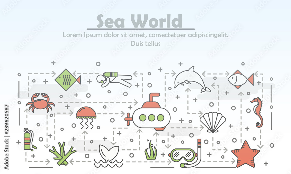 Vector thin line art sea world poster banner template