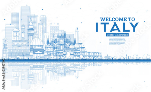 Outline Welcome to Italy City Skyline with Blue Buildings and Reflections.