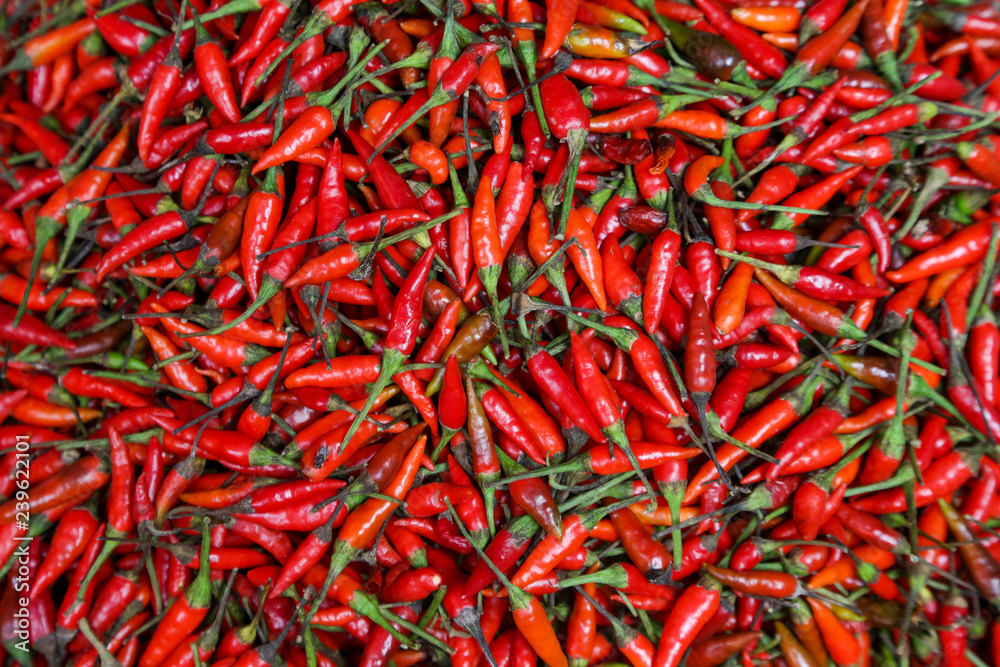 A heap of red chillies at the farmers market A heap of red chillies at the farmers market