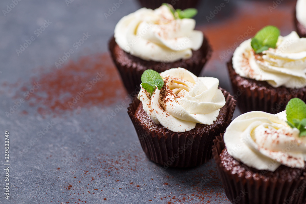 Chocolate cupcakes with cheese cream and mint on a dark background