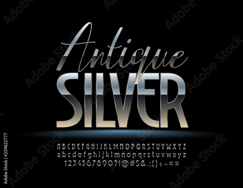 Vector Antique Silver Alphabet Letters, Numbers and Symbols. Stylish chrome Font.