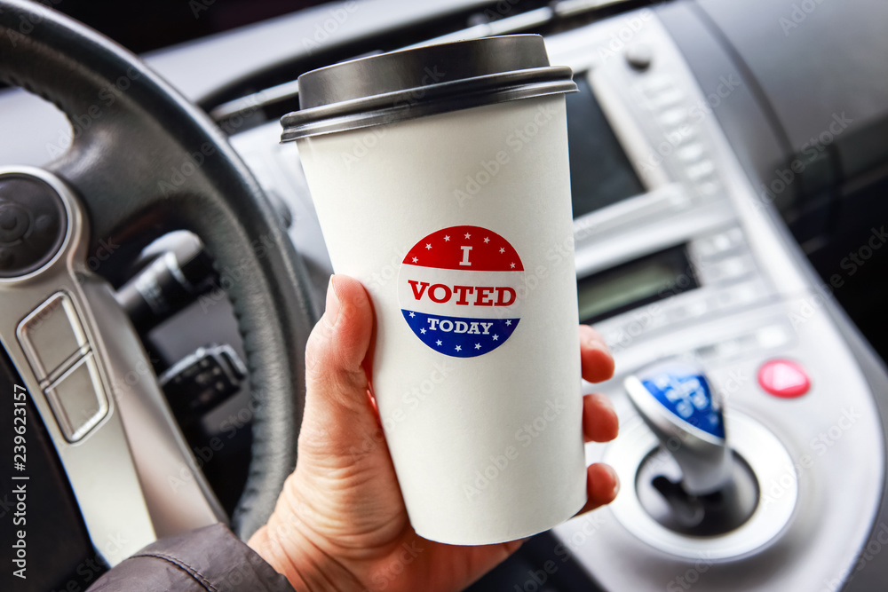 I voted today sticker on a Hot drink cup free giveway from a coffee shop - obrazy, fototapety, plakaty 