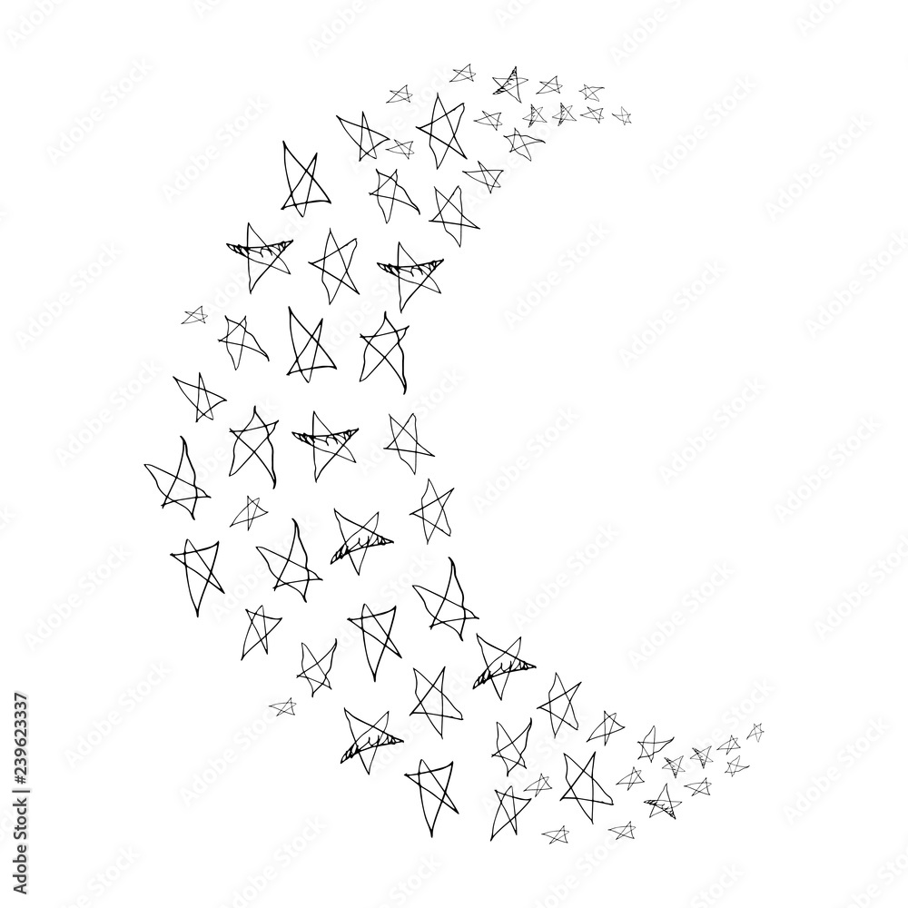 Abstract childish vector moon shape created out from little stars.