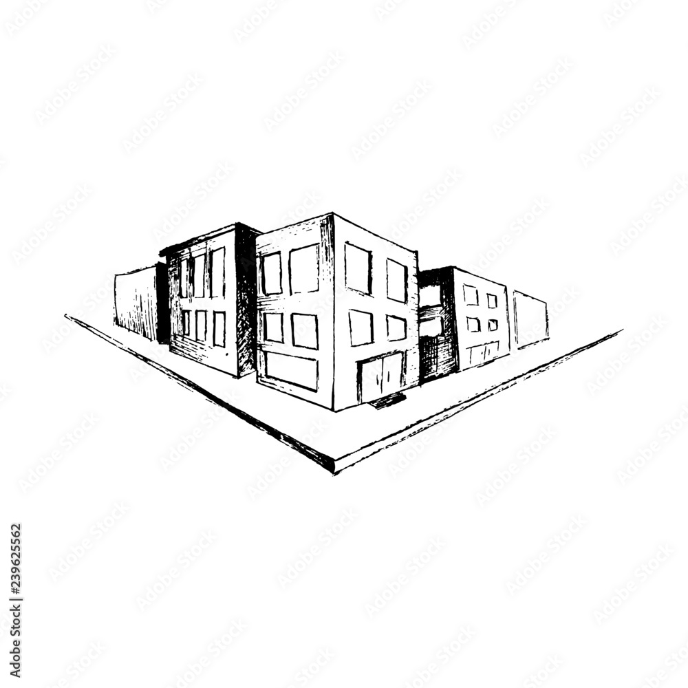 City sketch street corner, intersection, drawn by hand, isolated on white background, Vector