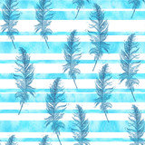 Watercolor seamless, texture, background. Seamless pattern with a watercolor pattern - bird feather. Vintage illustration. blue stripes. Abstract background. 