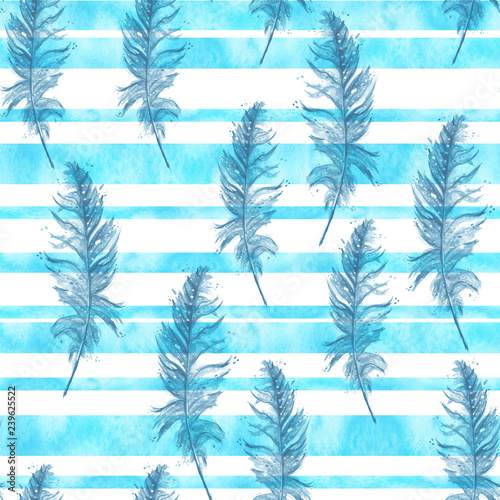 Watercolor seamless, texture, background. Seamless pattern with a watercolor pattern - bird feather. Vintage illustration. blue stripes. Abstract background. 