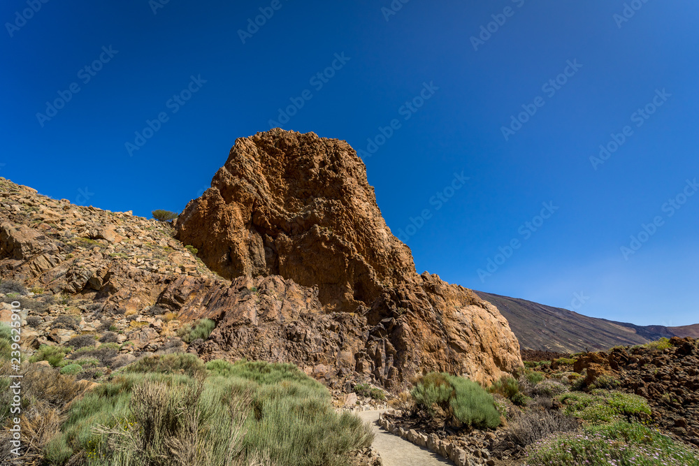 The lava fields of Las Canadas caldera of Teide volcano and rock formations - Roques de Garcia. Tenerife. Canary Islands. Spain.