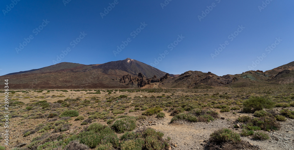 The lava fields of Las Canadas caldera of Teide volcano and rock formations - Roques de Garcia. Tenerife. Canary Islands. Spain. The lava fields of Las Canadas caldera of Teide volcano and rock formations - Roques de Garcia. Tenerife. Canary Islands. Spain.
