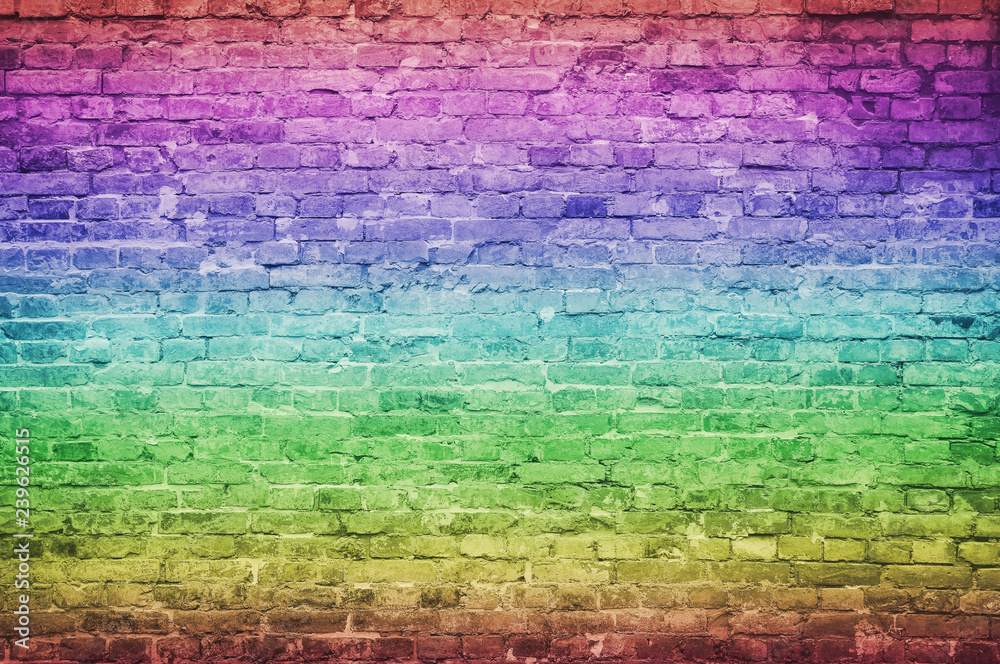 Obraz premium old vintage and grunge red brick wall background texture with scratches and cracks, rainbow gradients effect