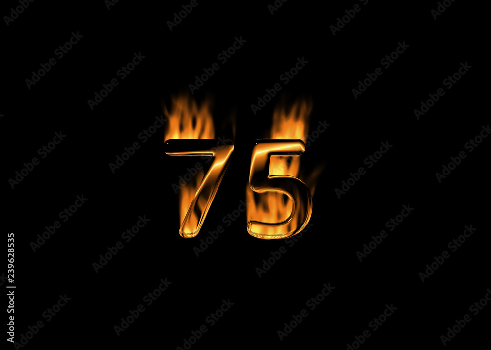 3D number 75 with flames black background 3D number 75 with flames black background