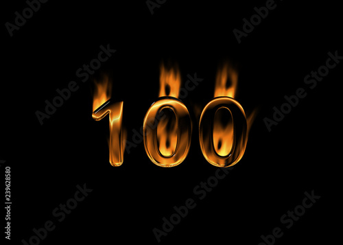 3D number 100 with flames black background