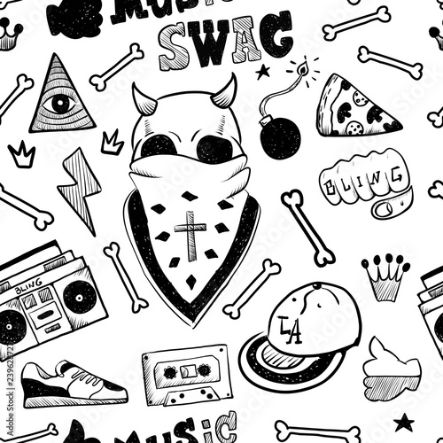 Rap Music. Hip hop doodle pattern with rap attributes