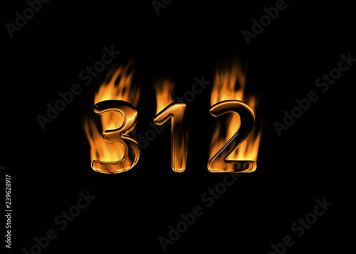 3D number 312 with flames black background