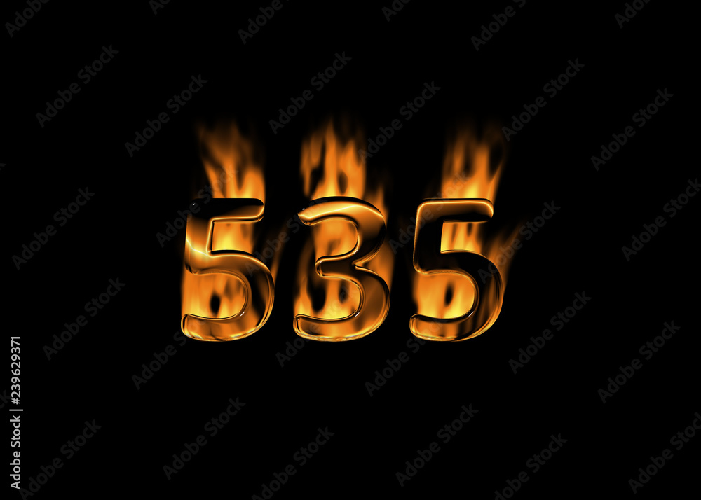 3D number 535 with flames black background 3D number 535 with flames black background