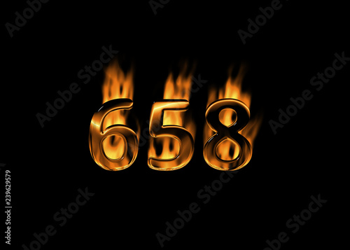 3D number 658 with flames black background