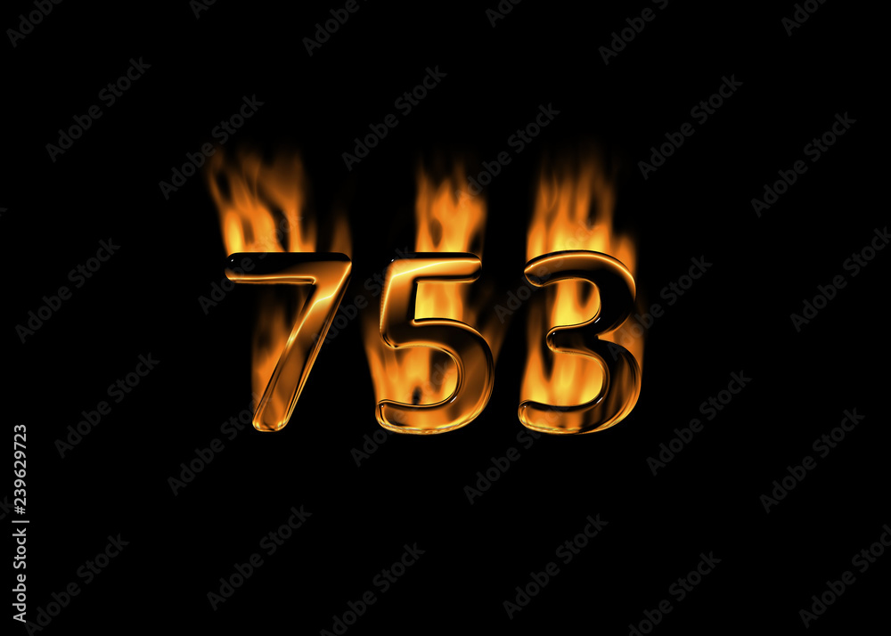3D number 753 with flames black background 3D number 753 with flames black background