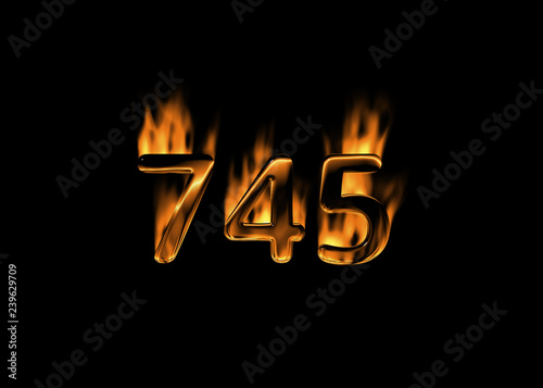 3D number 745 with flames black background