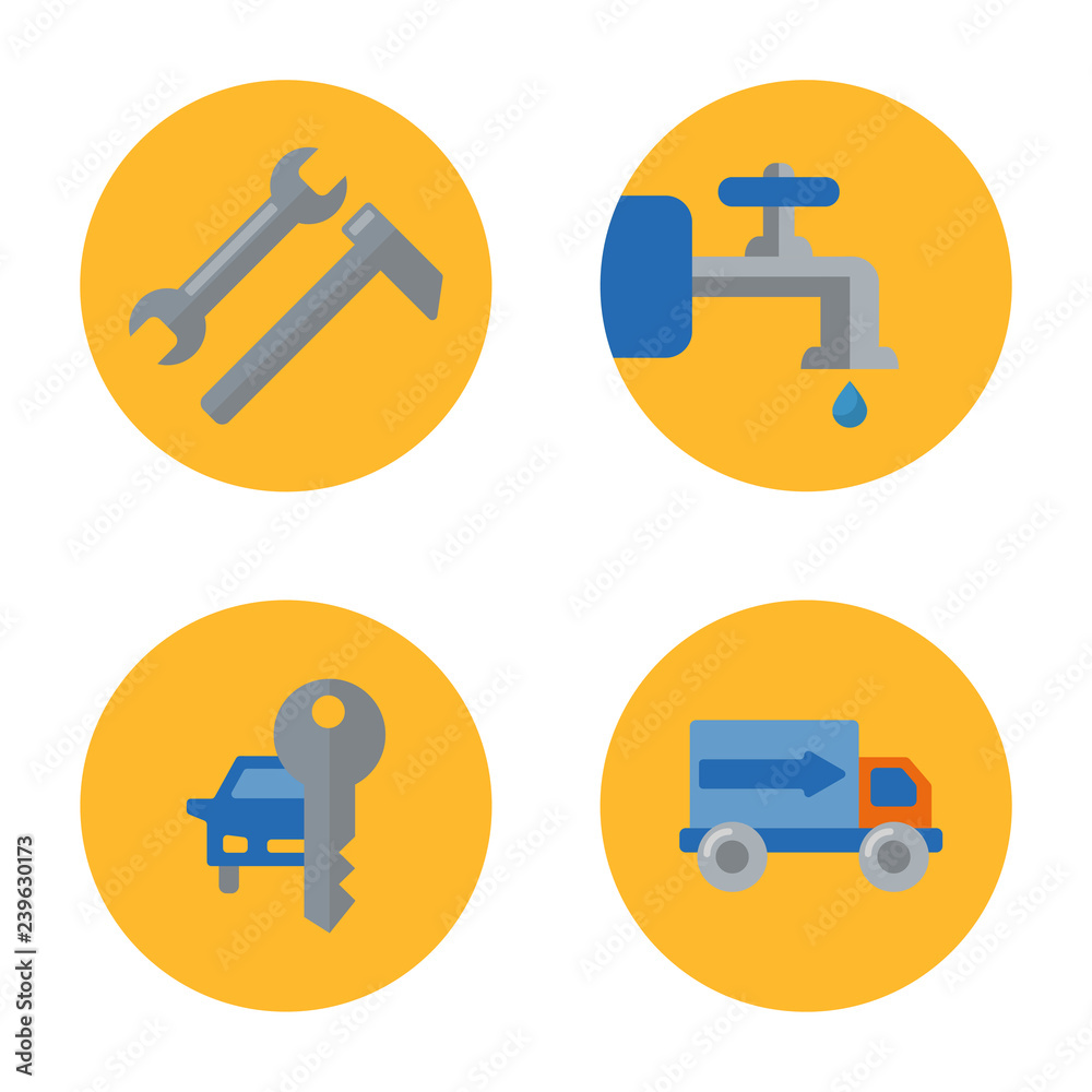 Set of Sservice signs in flat style isolated on yellow background. Collection of Service tool, Plumbing service, Renting car and Delivery service vector illustration. Set of Sservice signs in flat style isolated on yellow background. Collection of Service tool, Plumbing service, Renting car and Delivery service vector illustration.