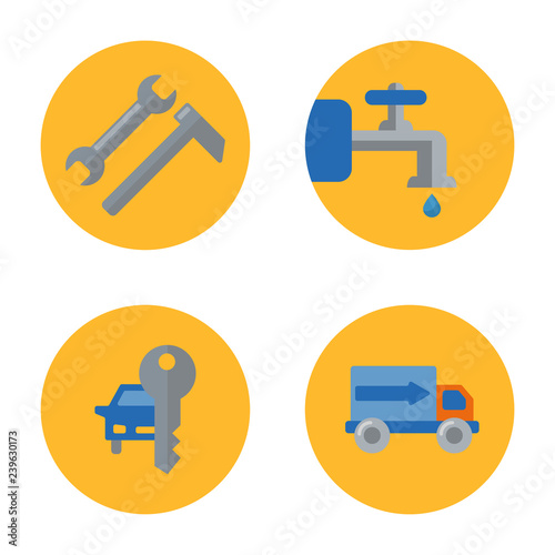 Set of Sservice signs in flat style isolated on yellow background. Collection of Service tool, Plumbing service, Renting car and Delivery service vector illustration.