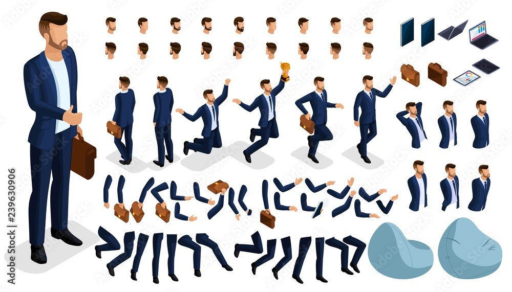 Isometric cartoon people, 3D Set for creating an office worker character.  Full length gestures isolated on white background. Create your own design  for vector Stock Vector | Adobe Stock