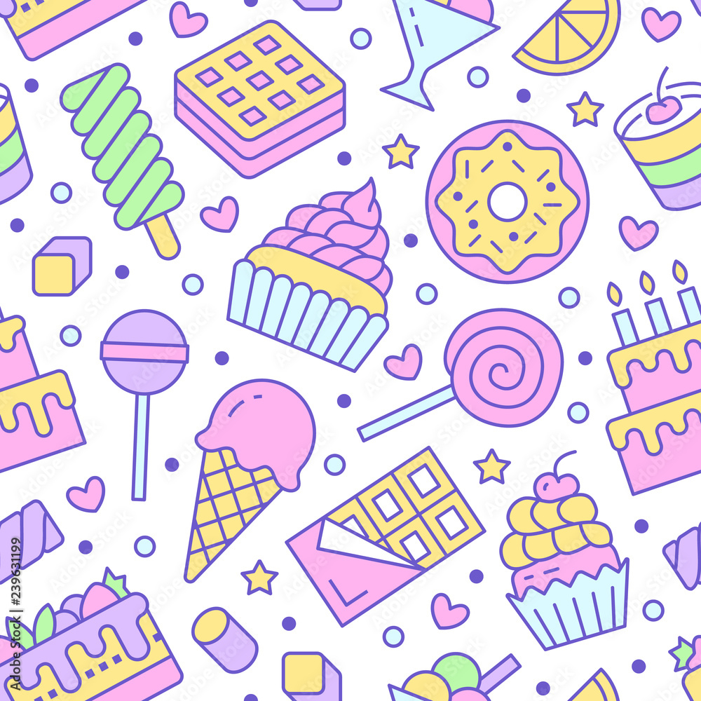 Sweet food seamless pattern with flat line icons. Pastry vector illustrations - lollipop, chocolate bar, milkshake, cookie, birthday cake, candy shop. Cute background for confectionery