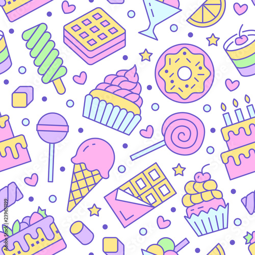 Sweet food seamless pattern with flat line icons. Pastry vector illustrations - lollipop, chocolate bar, milkshake, cookie, birthday cake, candy shop. Cute background for confectionery